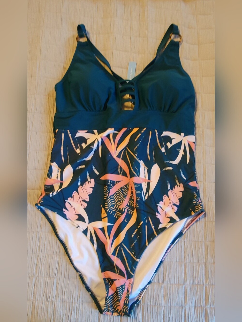 Amazon Women's One-Piece Swimsuit - Dark Teal with Pink & Peach Leaf Print